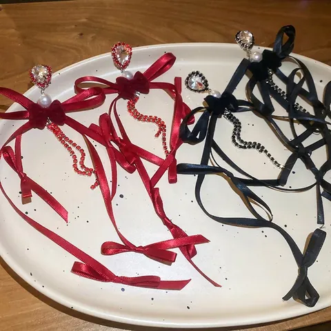 Pendientes De Lazo Con Borlas De Perlas Artificiales De Imitación Estrás Cinta De Satén Y Poste De Plata Joyería Vintage Elegante Para Mujeres