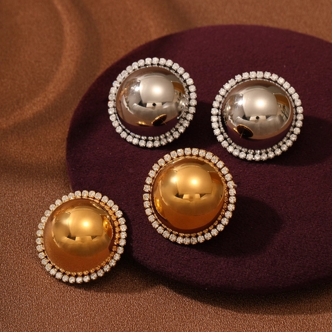 Orecchini a Bottone Tondi a Cupola in Acciaio Inossidabile Placcato Oro 18K da Donna Orecchini a Bottone con Pavé di Strass Gioielli Geometrici
