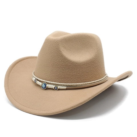 Western Cowboyhut Wollfilz Breite Krempe Mit Evil Eye Anhänger Geflochtenes Band Vintage Fedora