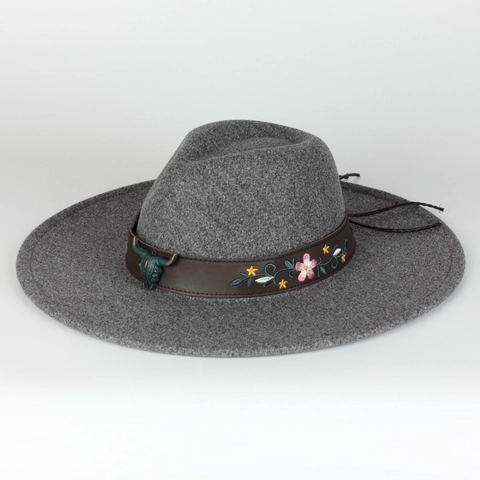 Vintage Wide Brim Fedora Hat With Floral Embroidery Leather Band Bull Head Decor Western Cowboy Jazz Hat For Men Women