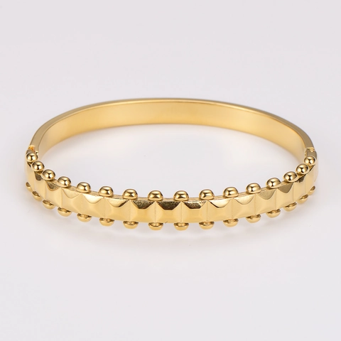 Stainless Steel Gold Plated Hinged Cuff Bangle Bracelet With Pyramid Studs And Round Beads Punk Geometric Jewelry