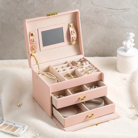 Portagioie Grande Capacità in Pelle PU Con Specchio Chiusura in Metallo Maniglia Custodia Portatile per Gioielli da Donna