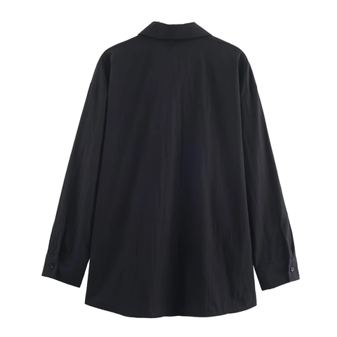 Blusa De Manga Larga Negra Para Mujer Camisa De Popelina Correas Hebilla Metal Lateral Color Sólido Casual Cuello Solapa