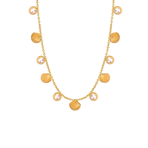 Collana con Ciondolo a Conchiglia in Acciaio al Titanio da Donna Placcata Oro Zirconia Catena a Clavicola Stile Oceano Gioielli di Moda
