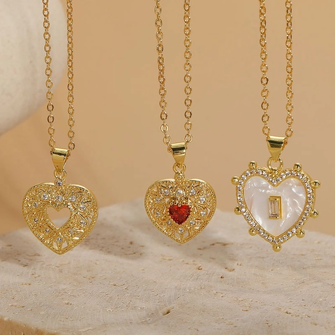 Collar Con Colgante De Corazón Cobre Circón Madreperla Chapado En Oro De 14K Elegante Minimalista Joyería Para Mujer