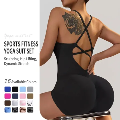 Pagliaccetto Yoga Senza Cuciture Donna Nylon Spandex Schiena Scoperta Incrociata Bodysuit Allenamento Activewear