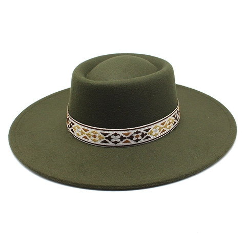 Wide Brim Fedora Hat Wool Felt With Ethnic Embroidery Ribbon Retro Panama Style For Men And Women