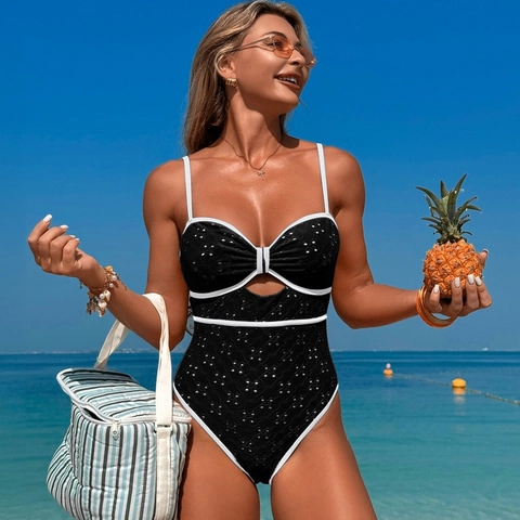 Einteiliger Badeanzug Für Damen Kontrastpaspel Lochstickerei Ausschnitt Schleife Strandmode Ärmellos Rückenfrei Sommer