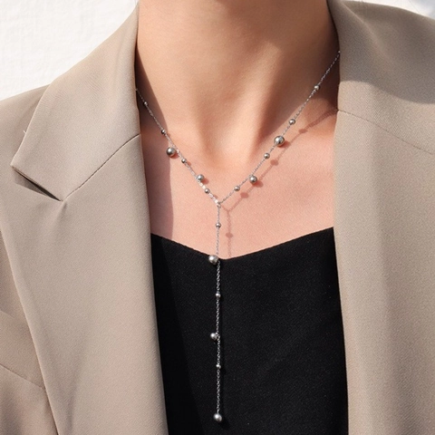 Titanstahl Y Kette Retro Rundperle Drop Lariat Halsketten Minimalistisch Mode Für Frauen Polierter Schmuck