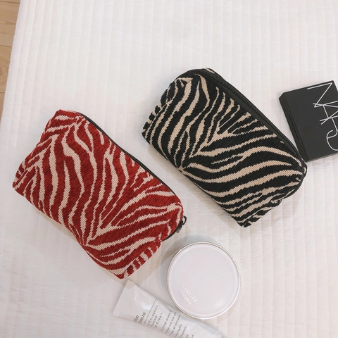 Zebra Print Cosmetic Bag Chenille Jacquard Fabric Makeup Pouch Travel Organizer Small Zipper Clutch For Women