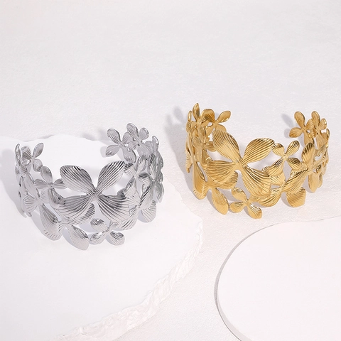 Lily Bloem Brede Cuff Bangle Roestvrij Staal 18K Verguld Open Armband Elegante Mode Sieraden Voor Vrouwen