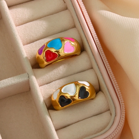 Anillo De Banda Ancha De Corazón De Esmalte De Acero Inoxidable Vintage Para Mujer Chapado En Oro 18K Joyería De Anillo De Dedo De Corazón