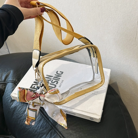 Clear Transparent PVC Square Crossbody Bag With Satin Scarf Wide Fabric Shoulder Strap Fashion Women Purse