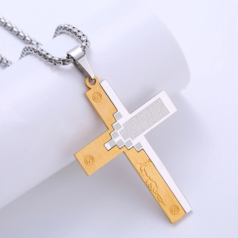 Stainless Steel Cross Pendant Necklace Two Tone Gold Silver Etched Spanish Prayer Religious Punk Hip Hop Jewelry Unisex