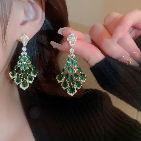 Lange Kwastoorbellen Met Veerblad Geometrisch Met 925 Sterling Zilveren Oorstokjes Groene Zirkoon Vintage Koperen Stijl