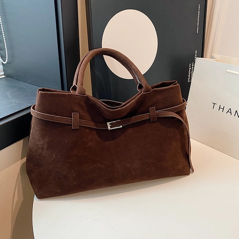 Sac Fourre-tout Vintage Texture Daim Grande Capacité Sac À Main Avec Décor De Boucle De Ceinture Rétro Sac À Épaule Minimaliste Pour Femmes