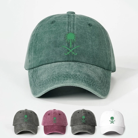 Cappello Da Baseball Vintage In Tessuto Lavato Con Emblema Dell'Arabia Saudita Palma E Spade Incrociate Stile Retrò Regolabile