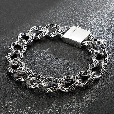 Herren Vintage Edelstahl Armband Punk Gothic Gravierte Panzerkette Distressed Blumenmuster Biker Schmuck Für Ihn