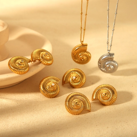 Conch Nautilus Shell Pendant Necklace And Stud Earrings Stainless Steel 18K Gold Plated Marine Ocean Style Jewelry For Women
