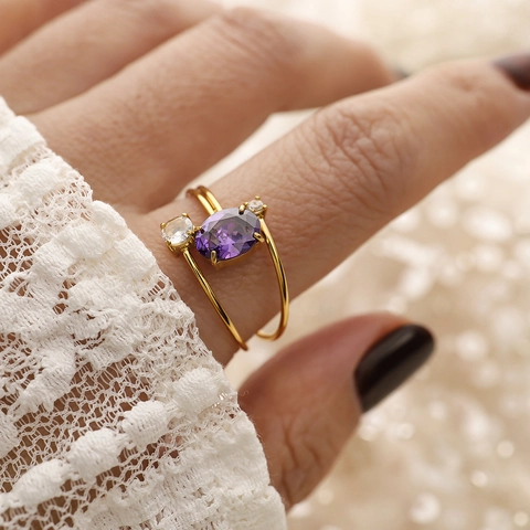 Purple Zircon Stainless Steel Ring For Women 18K Gold Plated Adjustable Double Layer Spiral Bypass Finger Jewelry