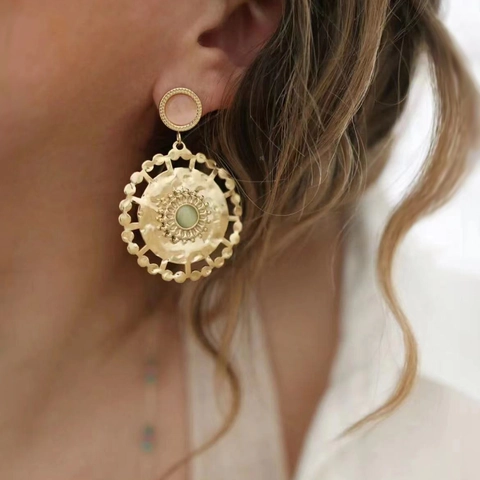 Vintage Boho PVD 18K Vergoldet Edelstahl Ohrhänger Für Damen Rund Hohl Naturstein Türkis Opal Schmuck