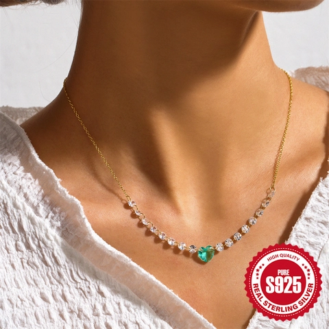 Collier Pendentif Cœur Vert en Argent Sterling 925 de Luxe pour Femmes Ras du Cou Chaîne en Strass Bijoux Élégants Cadeau
