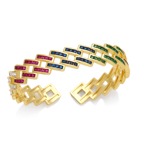 Luxus Kupfer Pave Zirkonia Geometrischer Hohl Armreif Für Damen Europäischer Stil Eingelegter Bunter Zirkonia Offener Armreif