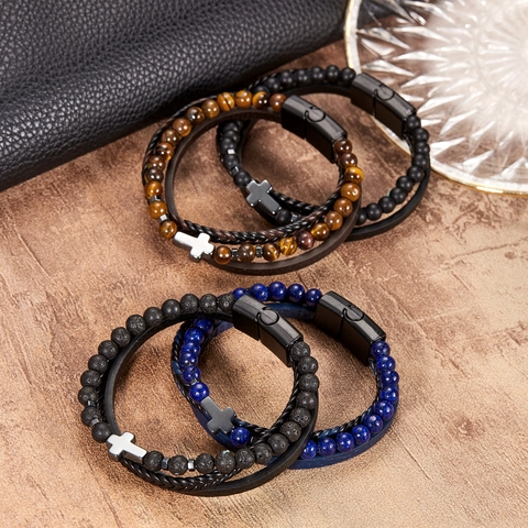 Multi Layer Herren Armband Naturstein Obsidian Tigerauge Perlen Geflochtenes Leder Legierung Kreuz Magnetverschluss Punk