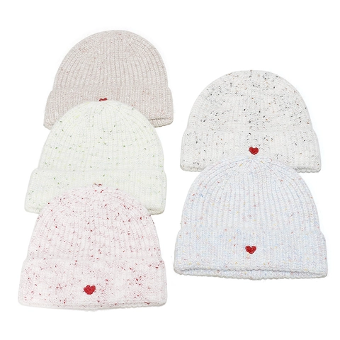 Women Knit Beanie Hat Mixed Color Heart Embroidery Acrylic Warm Soft Winter Ribbed Folded Cuff Beanie
