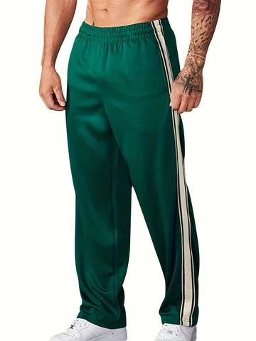 Men's Casual Sports Pants Side Stripe Fitness Running Sweatpants Drawstring Elastic Waist Straight Fit Polyester Gym Bottom