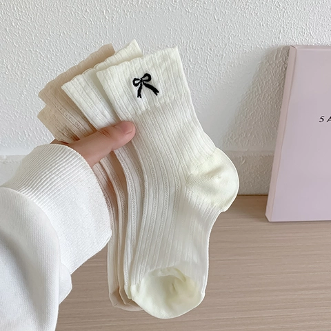Women Crew Socks Cotton Ribbed Bow Embroidery Sweet Balletcore Style Breathable Soft Fashion Mid Calf Socks