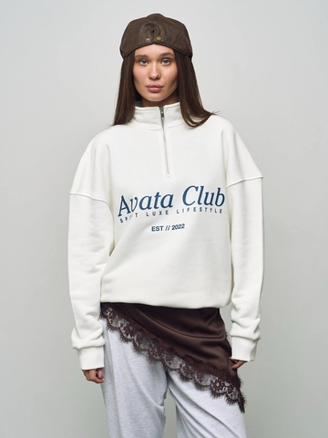 Sweat-Shirt Surdimensionné Femme Coton Demi-Zip Revers Imprimé Lettres Streetwear Pullover Manches Longues