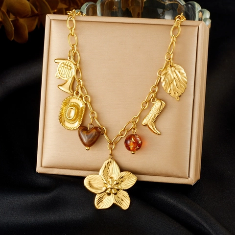 Vintage Halskette Mit Mehreren Anhängern Vergoldeter Edelstahl Blume Cowboystiefel Hut Waldhorn Schmuck Für Damen