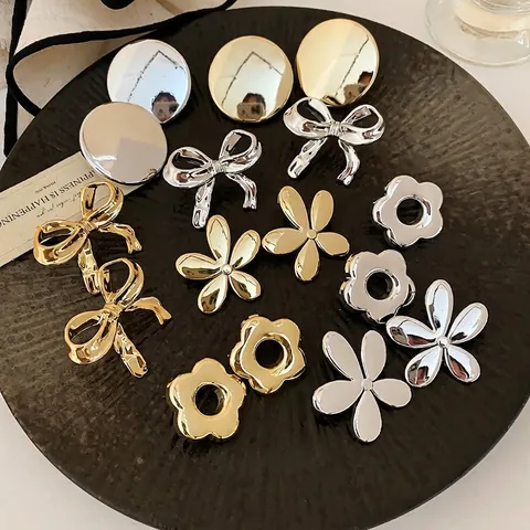 Flower Bow Stud Earrings With Silver Earring Post Polished Metal Minimalist Geometric Jewelry Accessories For Women