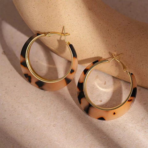 Retro Luipaardprint Hars Hoops Oorbellen Met Stalen Oorsteker Geometrisch Schildpadpatroon Vintage Stijl Voor Vrouwen