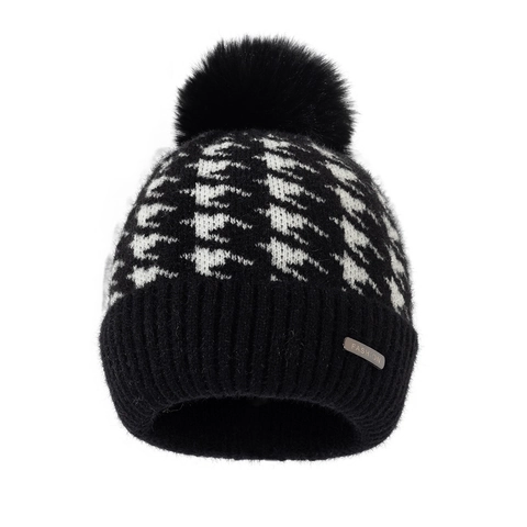 Women Winter Warm Knitted Beanie Hat Houndstooth Pattern Faux Fur Pom Pom Acrylic Ribbed Cuff Fashion Outdoor Cap