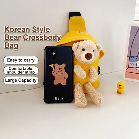 Kids Crossbody Bag Canvas Chest Pack With Cute 3D Plush Bear Adjustable Strap Earphone Hole Cartoon Style For Boys Girls