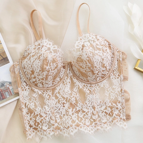 Französisches Retro Spitze Bustier Korsett BH Top Sexy Schlankheitsstütze Verstellbare Träger Wimpernspitze Damen Mesh