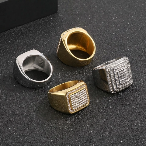 Men Square Signet Ring Stainless Steel Iced Out Rhinestone Full Micro Pave Hip Hop Punk Luxury Jewelry