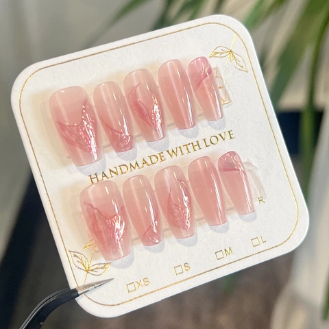 Press On Nagels Roze Gradiënt Cat Eye Zeemeerminstaart Kistvorm Handgemaakt Glitter Kunstnagels Voor Dames