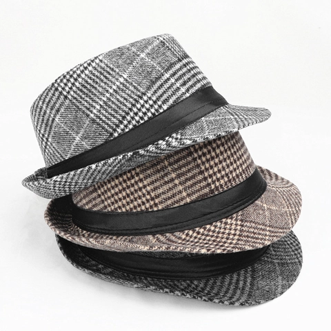 Vintage Geblokte Fedora Hoed Britse Stijl Jazz Pet Met Zwart Lint Heren Korte Rand Zonnescherm Polyester Katoen