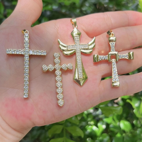 Cross Pendant 18K Gold Plated Copper Micro Paved Zircon Angel Wings Heart Shape Trendy Fashion Jewelry For Women Men