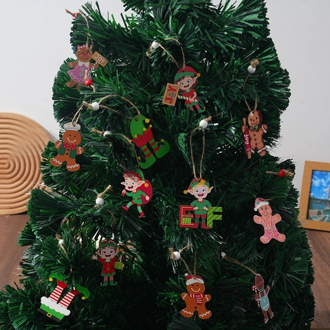 Christmas Tree Wooden Pendants Gingerbread Man Elf Cartoon Painted Wood Hanging Ornaments Festive Holiday Party Decoration