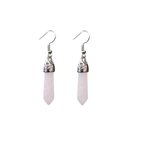 Natural Stone Hexagonal Prism Dangle Earrings Crystal Point Healing Gemstone Hollow Flower Cap Bohemian Jewelry For Women