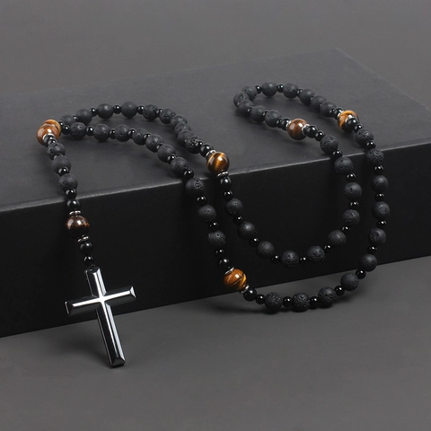 Natural Lava Stone Tiger Eye Beads Necklace Metal Cross Saint Benedict Medal Religious Vintage Men Jewelry