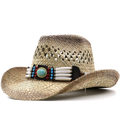 Cappello Da Cowboy In Paglia Tesa Larga Traspirante Protezione Solare Western Boho Etnico Perline Turchesi Esterno