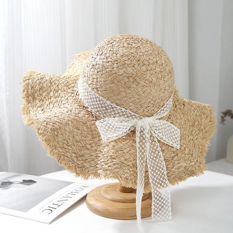 Womens Paper Straw Sun Hat Wide Brim Lace Ribbon Bow Frayed Edge Breathable Beach Summer Vacation