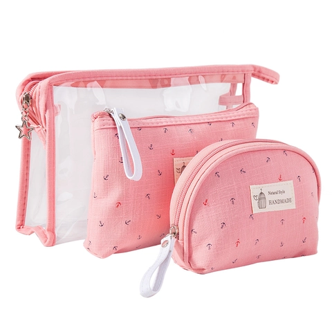 Transparent PVC And Fabric Cosmetic Bag Toiletry Pouch Makeup Organizer With Anchor Print Waterproof For Travel Women