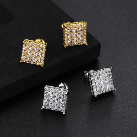Orecchini a Bottone Quadrati Hip Hop in Rame Zirconia per Uomo Donna Pavé Completo Galvanico Geometrici Con Perno in Argento Sterling 925