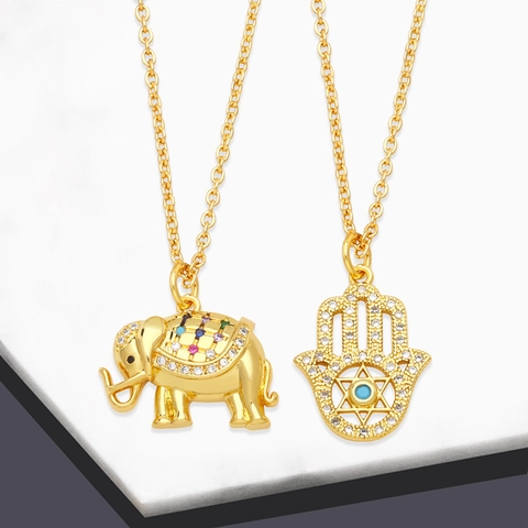 Elephant Hamsa Hand Pendant Necklace Copper Colorful Cubic Zirconia Micro Inlaid Gold Plated Fashion Jewelry For Women